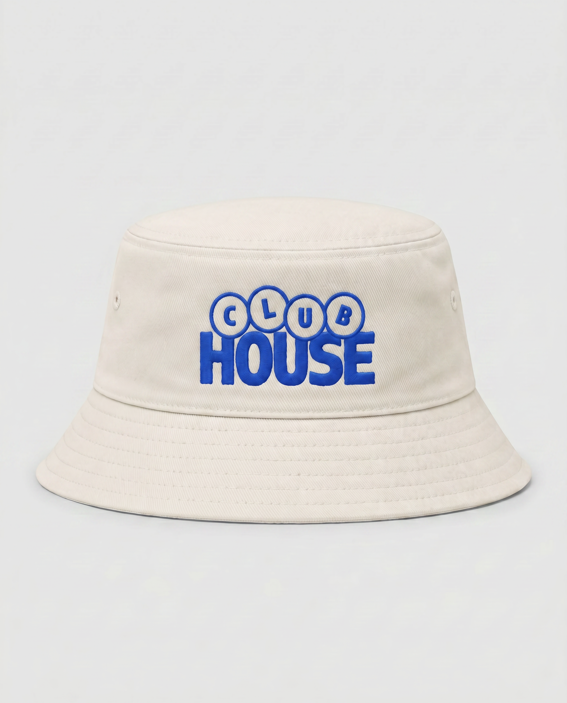 Beige bucket hat with 'CLUB HOUSE' text in blue on a light gray background