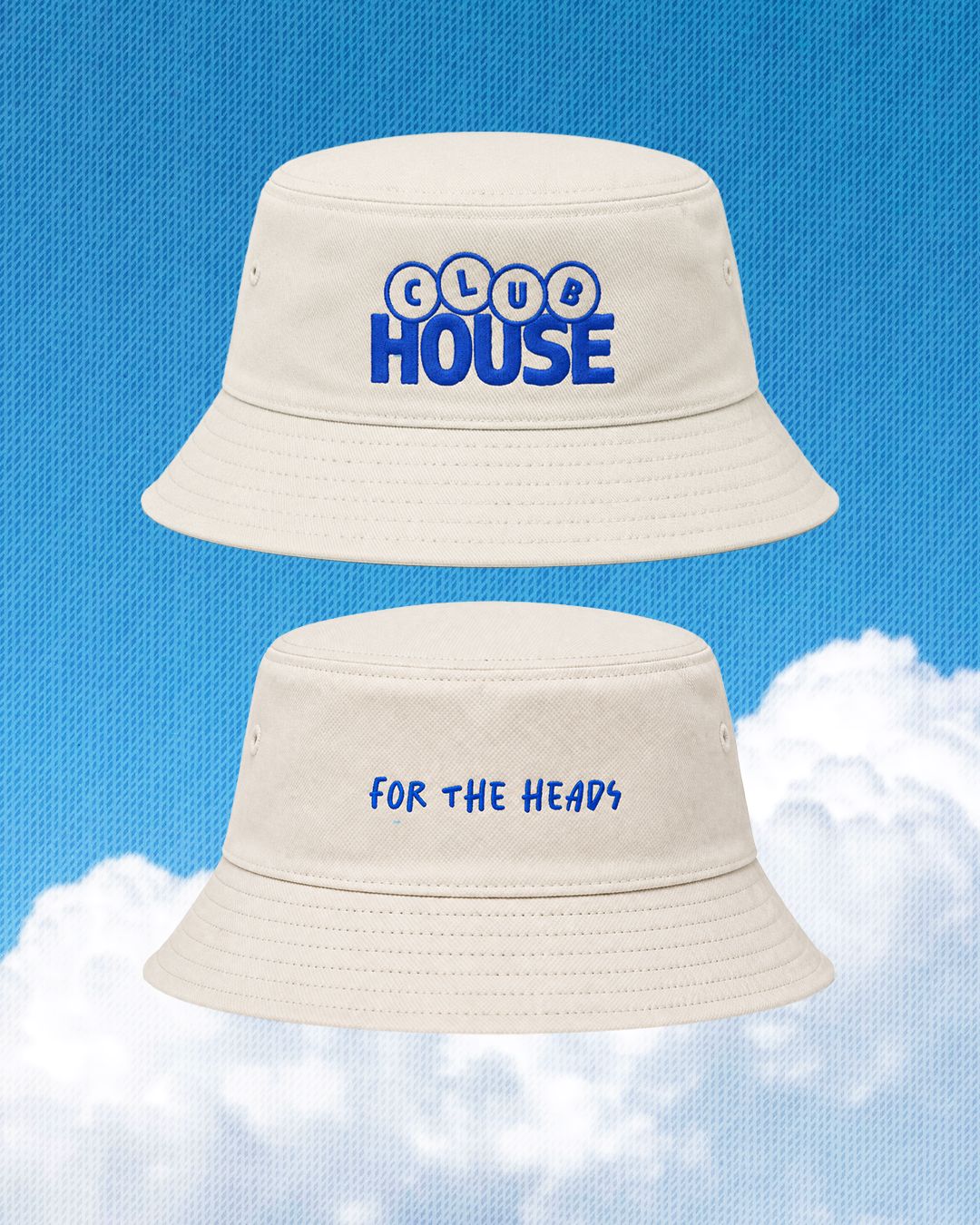 Two beige bucket hats with blue text on a blue and white cloud background