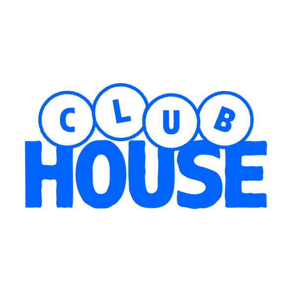 Logo of Clubhouse with blue and white text on a white background