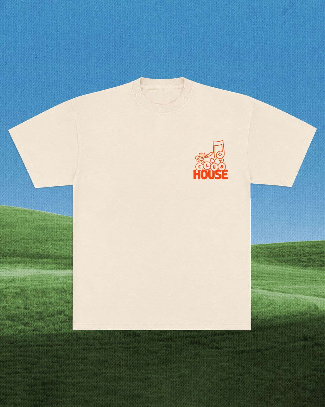 Beige t-shirt with a red logo on a blue and green gradient background