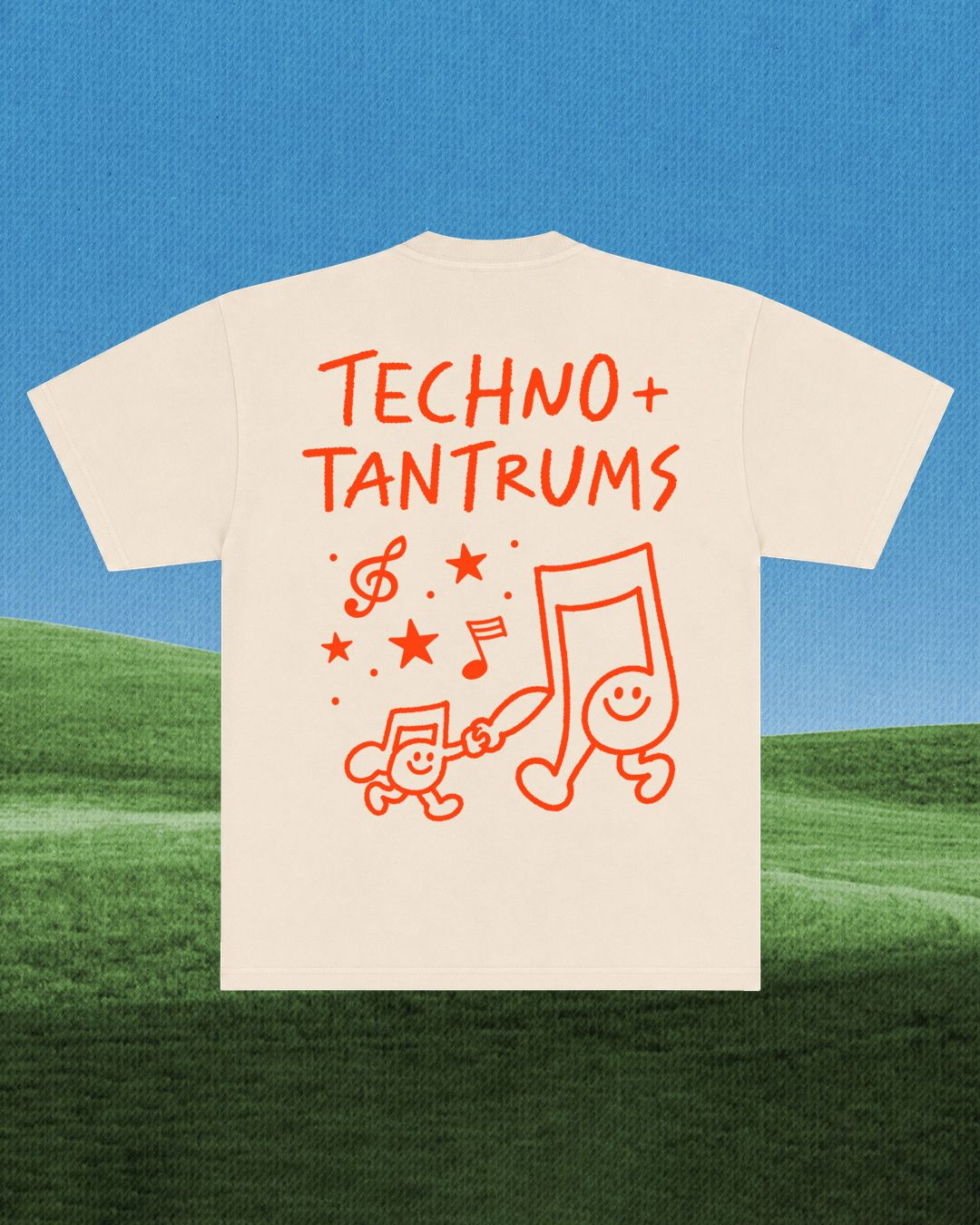 Beige t-shirt with red 'Techno + Tantrums' text and music notes on a blue and green landscape background